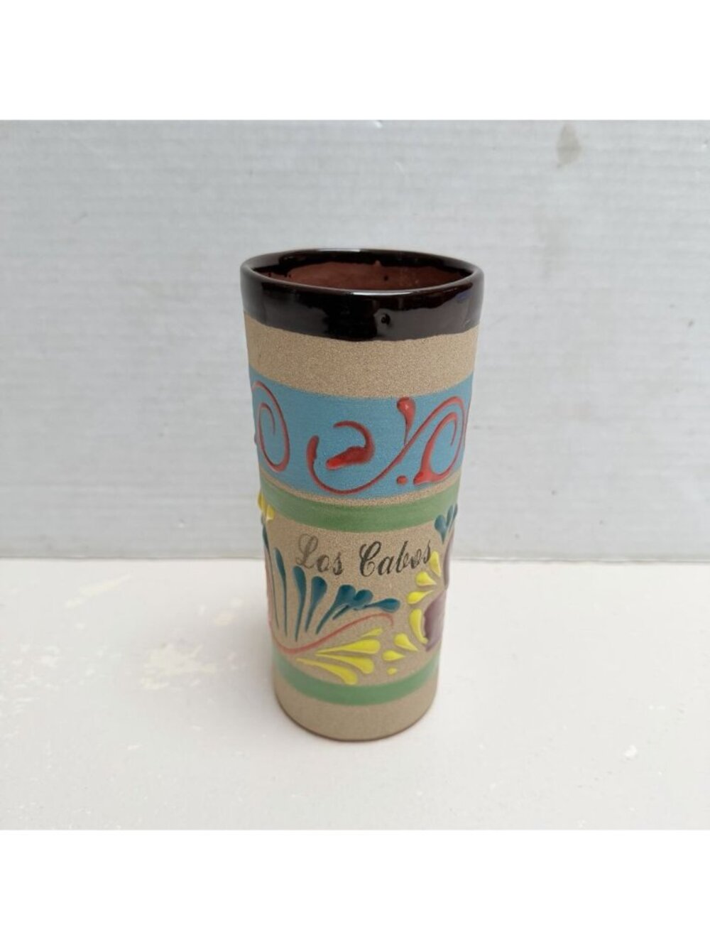 Mexican Los Cabos Folk Art Terra Cotta Pottery Tumbler Vase Hand Painted Gift
